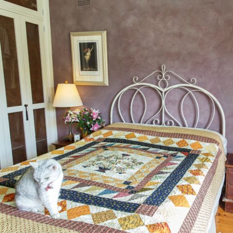 Styled shot of traditional appliqué medallion quilt on bed with cat